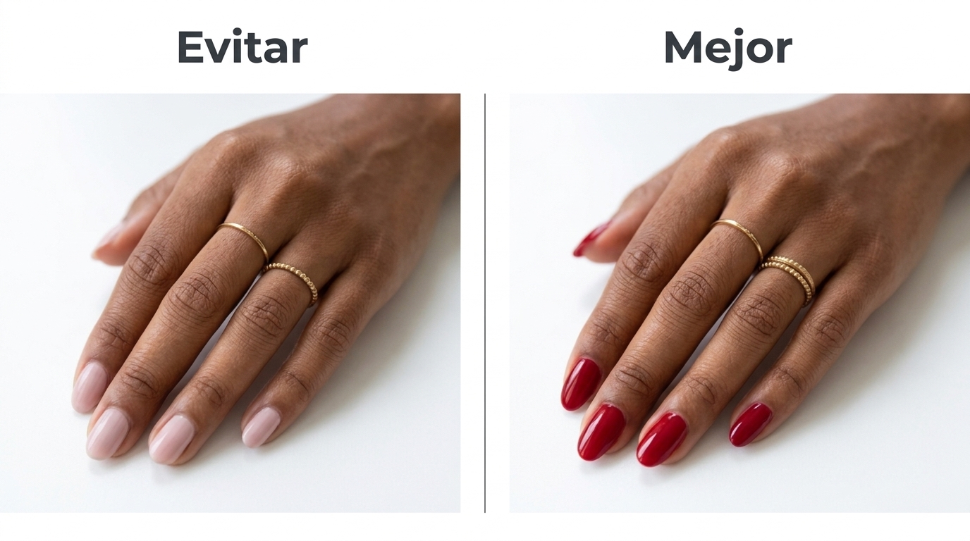 Comparacion: rosa pastel se pierde en piel morena (evitar) vs rojo cereza que resalta con contraste (mejor)