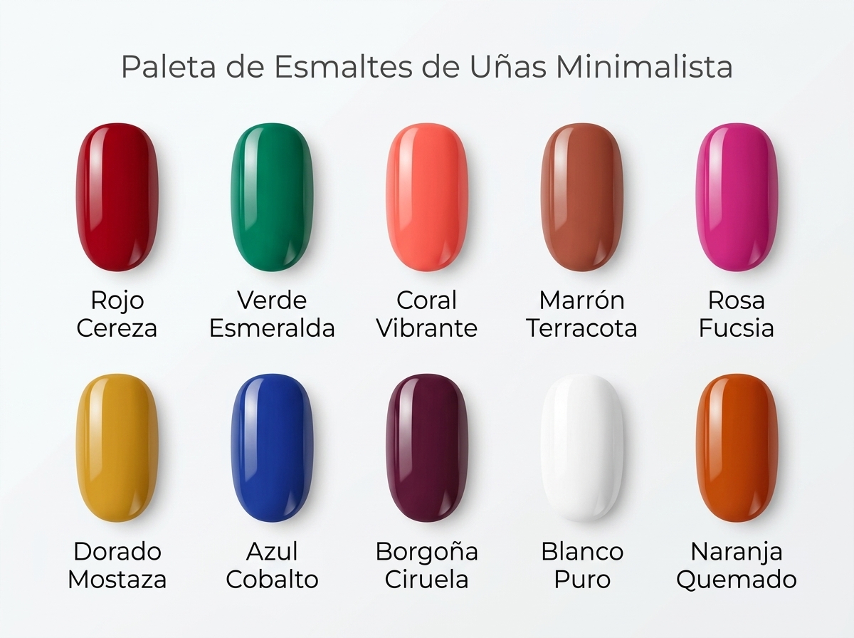 Paleta de los 10 colores recomendados para piel morena: rojo cereza, verde esmeralda, coral, terracota, fucsia, dorado mostaza, azul cobalto, borgoña ciruela, blanco puro y naranja quemado