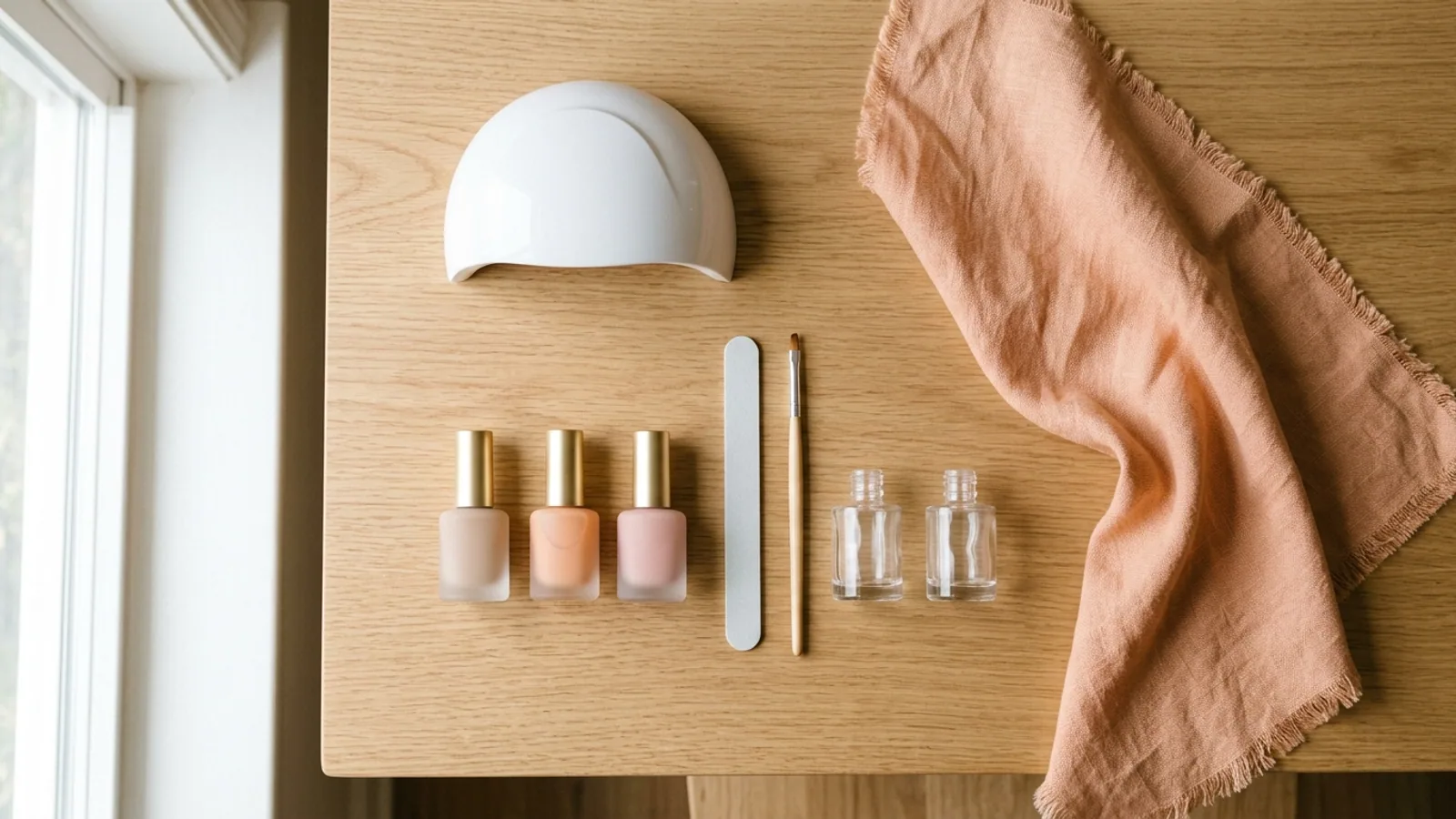 Flat lay minimalista de un kit básico de uñas en gel sobre madera clara: lámpara LED, tres frascos en tonos beige y durazno, lima, pincel y dos frascos transparentes