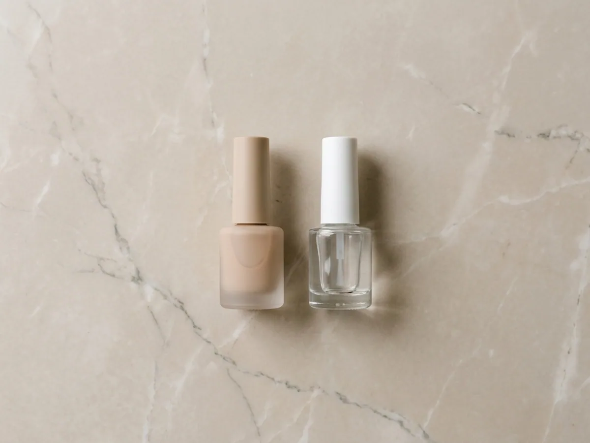 Composición minimalista con un solo frasco de gel beige y un base coat sobre mármol beige con espacio negativo
