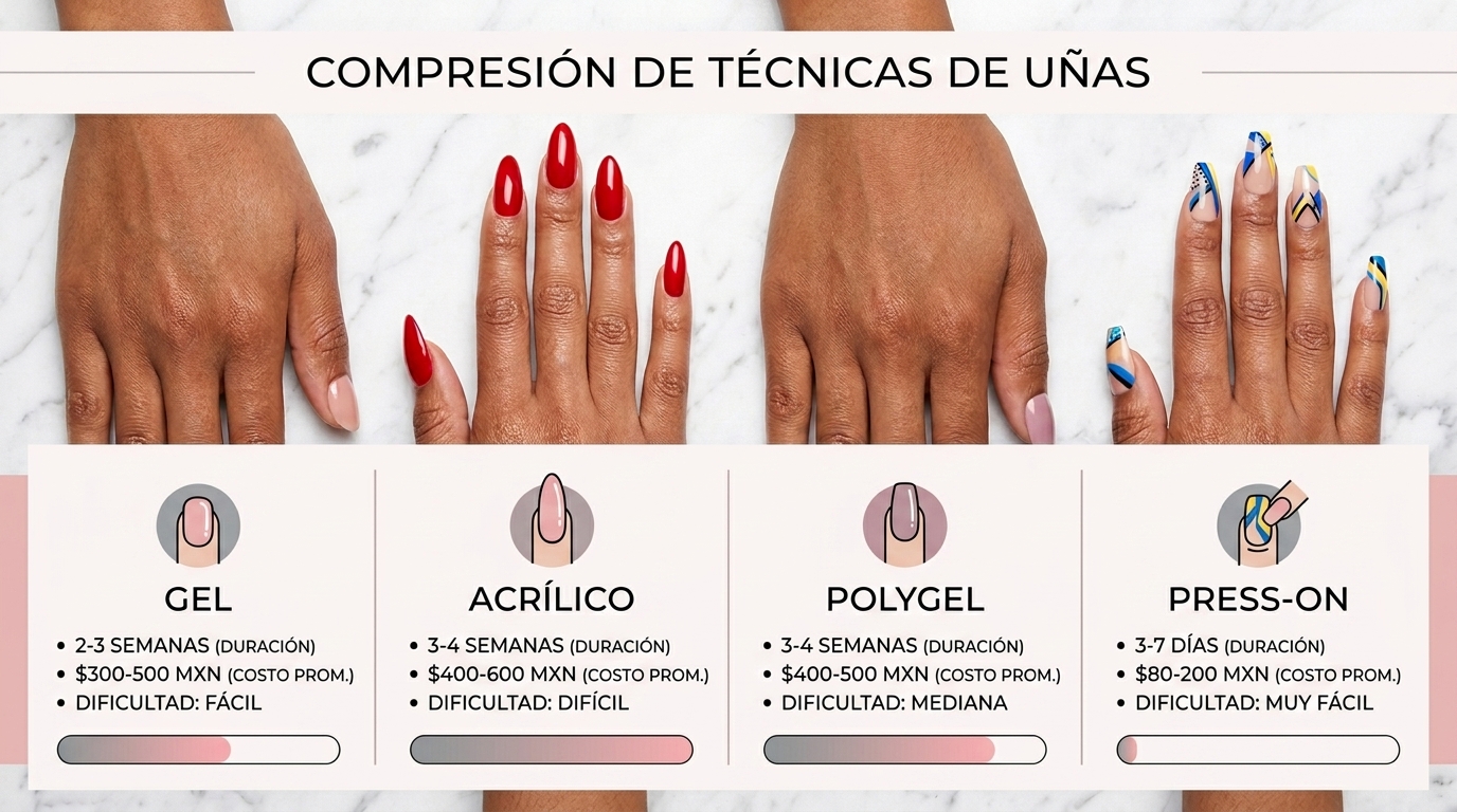 Infografia comparativa: gel, acrilico, polygel y press-on con duracion, precio y dificultad