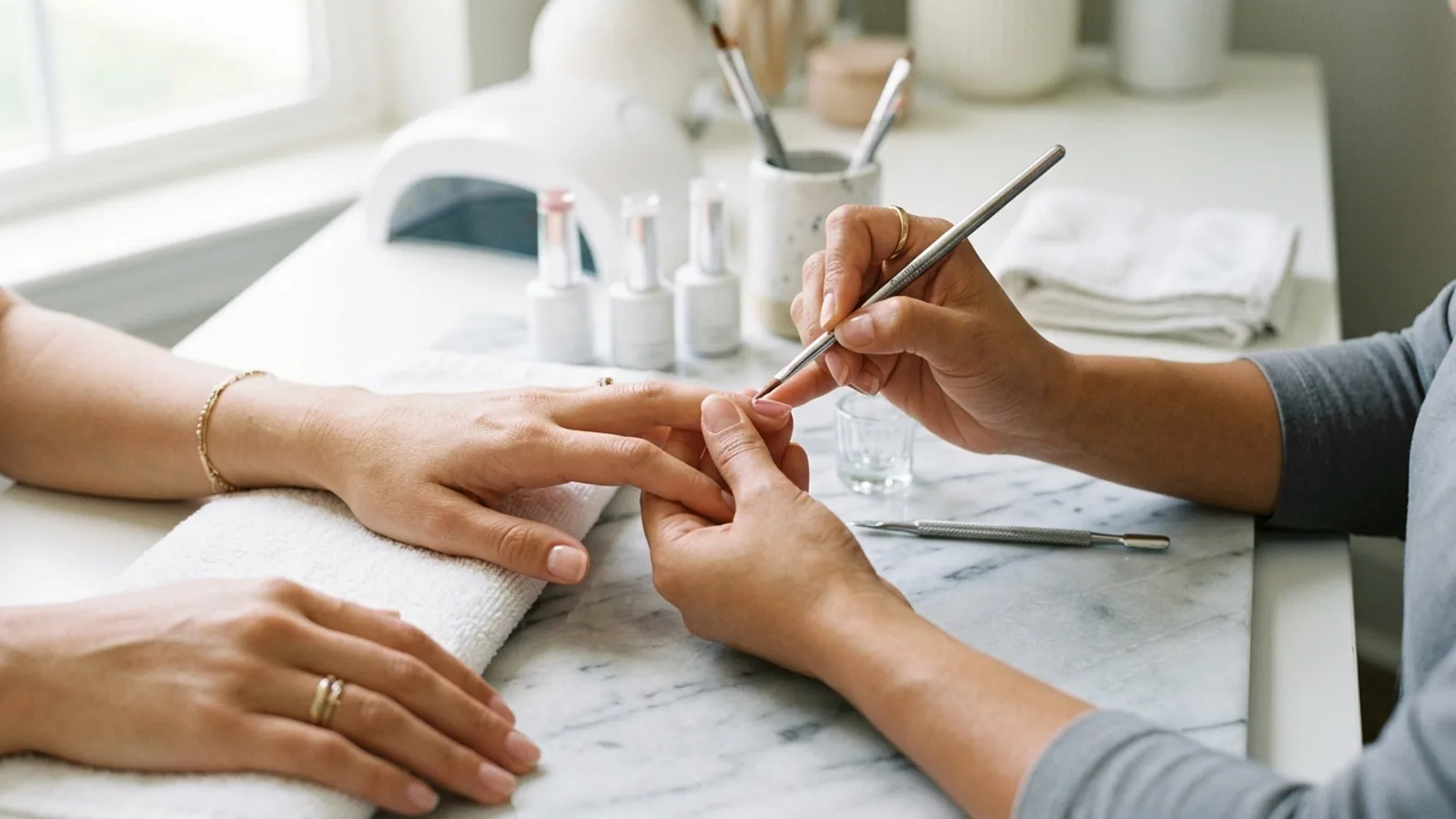 Manos de nail tech aplicando esmalte semipermanente a una clienta sobre superficie de mármol, setup limpio con lámpara LED y frascos de gel al fondo
