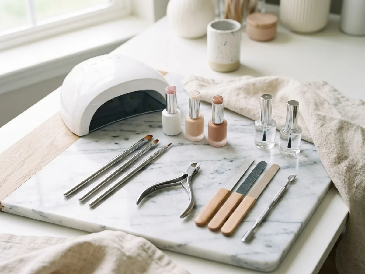 Vista cenital de estación de trabajo nail tech: lámpara LED, frascos de gel, pinceles, set de limas y herramientas organizadas sobre tabla de mármol con mantel de lino crema