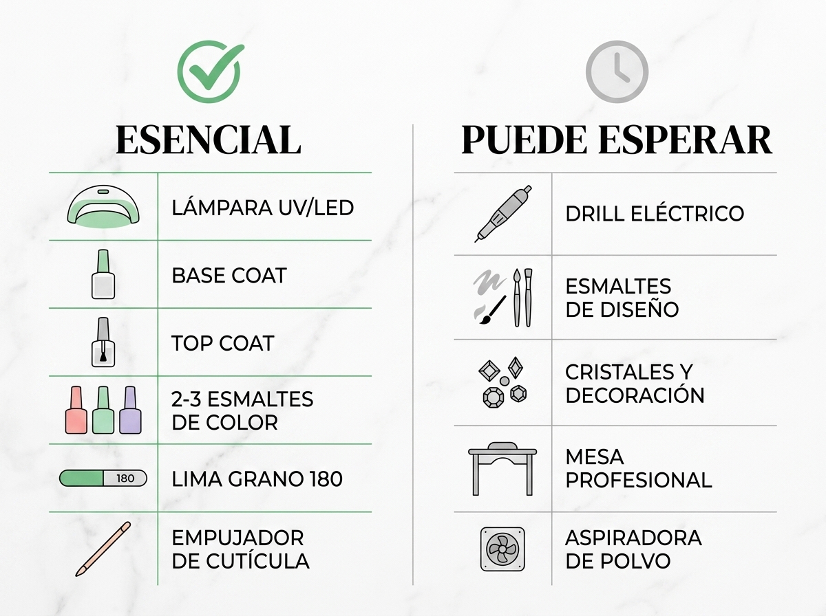 Infografia: elementos esenciales vs los que pueden esperar para tu primer kit de uñas