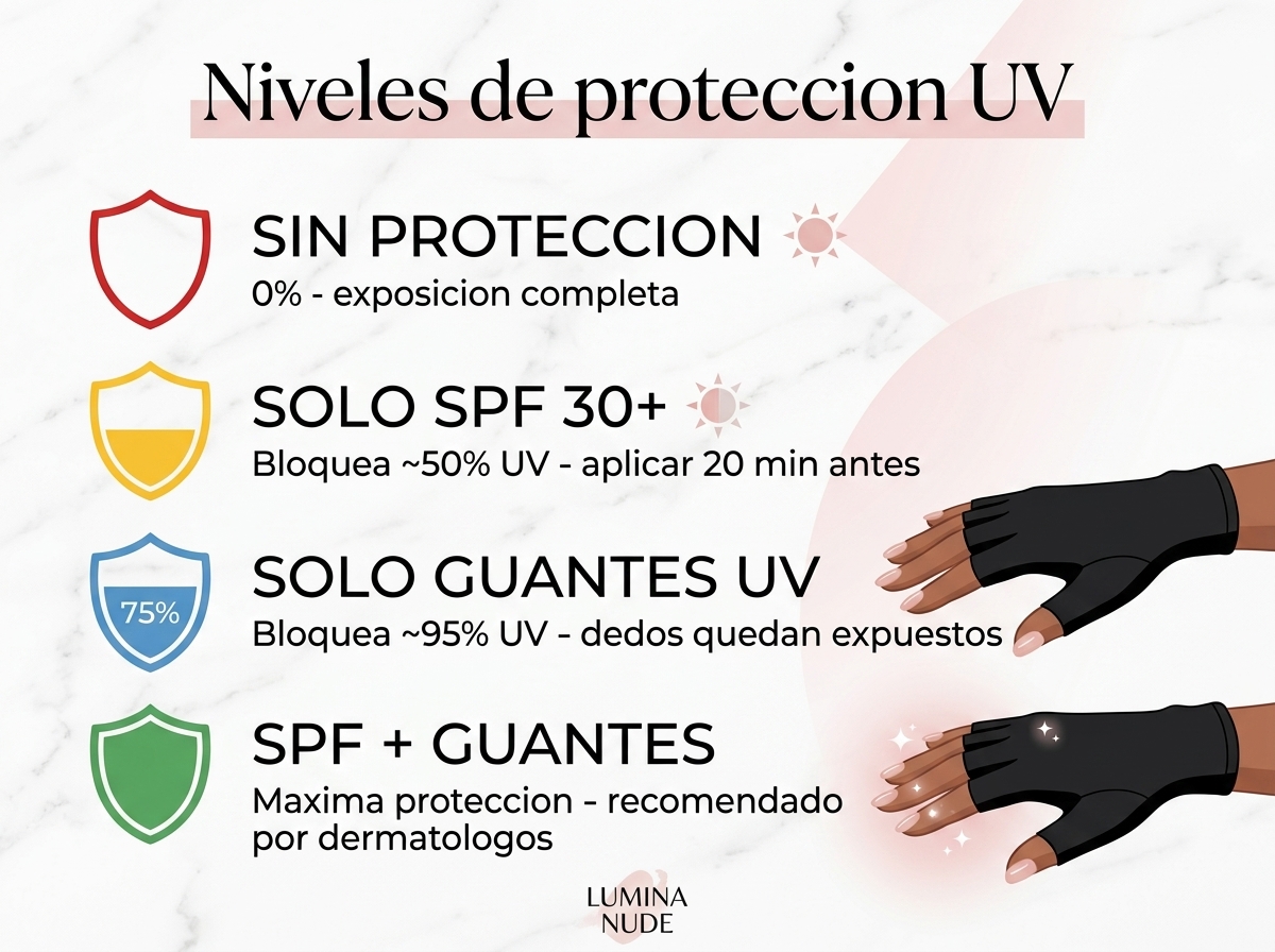 Niveles de proteccion UV para manicura: sin proteccion, SPF, guantes UV, ambos