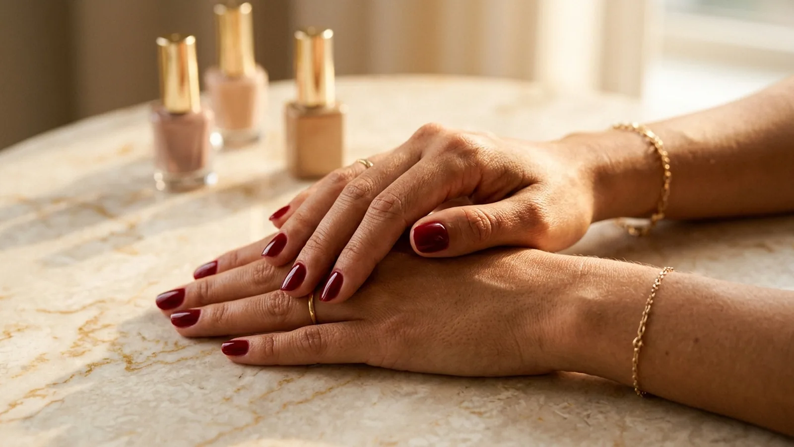 Manos con manicure semipermanente borgoña sobre fondo de mármol crema, con frascos de esmalte fuera de foco al fondo