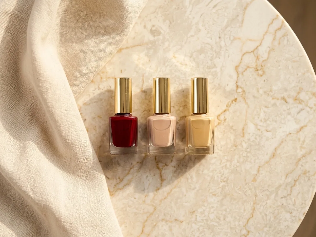 Flat lay de tres frascos de esmalte semipermanente borgoña, nude y dorado sobre mármol crema con lino