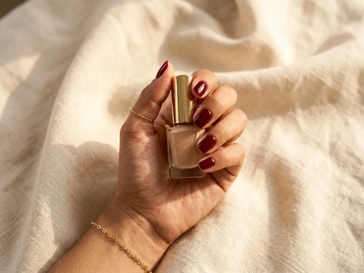 Mano con manicure borgoña sosteniendo frasco nude beige sobre fondo de lino crema