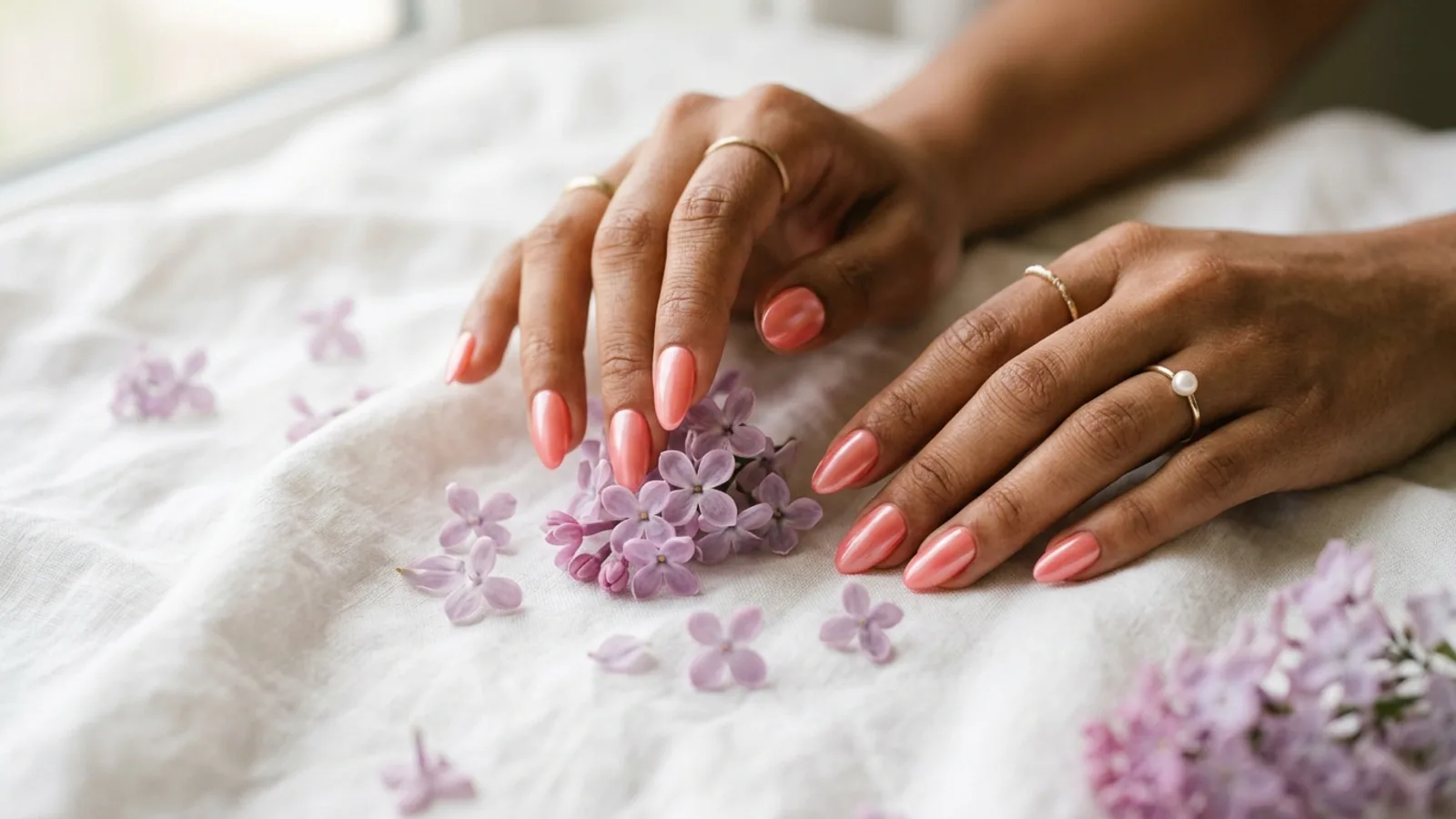 Manos con uñas postizas color coral pearl tocando flores de lila sobre fondo de lino blanco suave