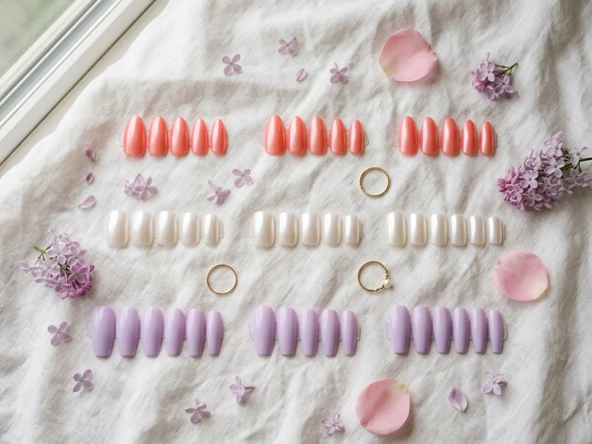 Flat lay de tres juegos de uñas postizas en coral, blanco perla y lila pastel sobre lino blanco con pétalos