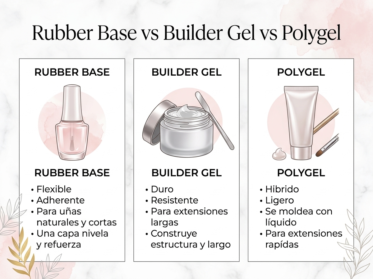 Comparativa visual: rubber base vs builder gel vs polygel
